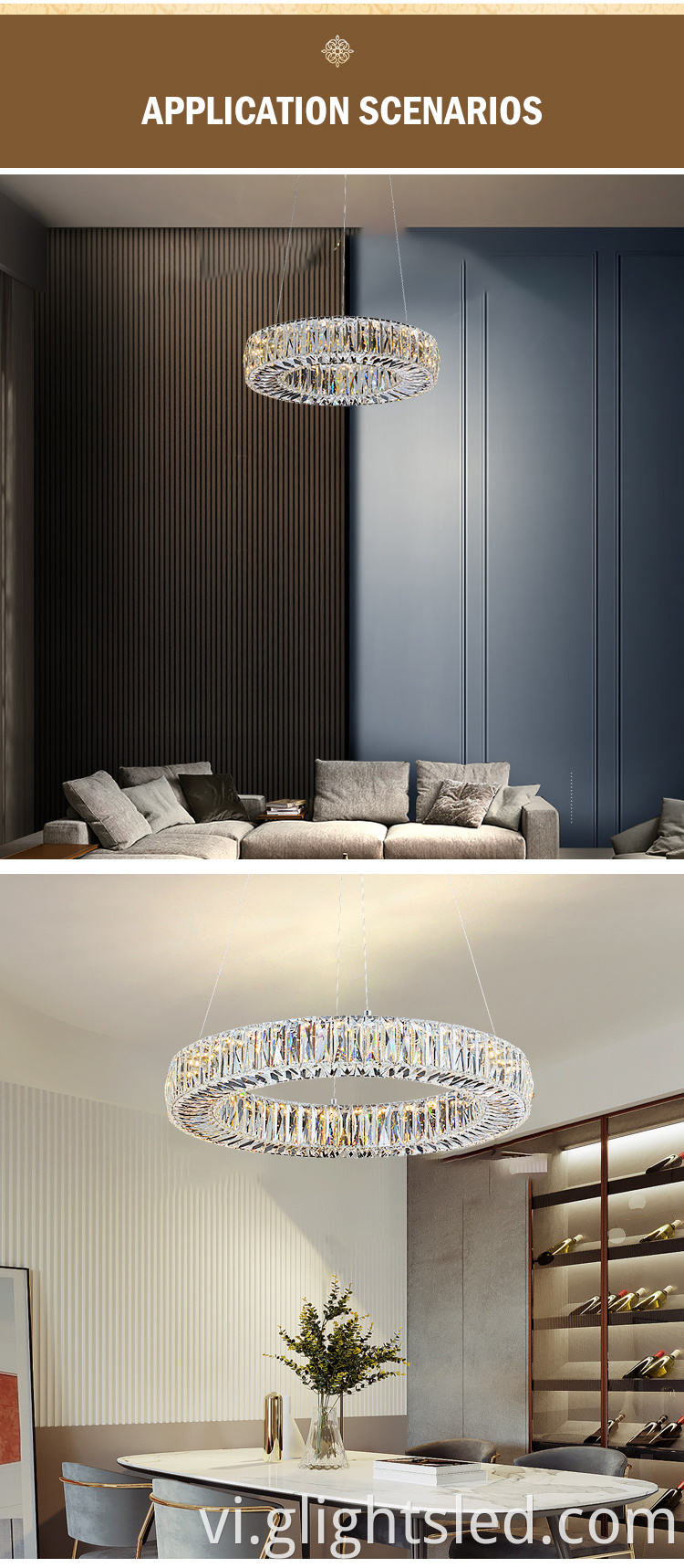 Thiết kế mới khách sạn hiện đại Thép không gỉ K9 pha lê 3000k 24w 37w 52w tròn đèn led mặt dây chuyền